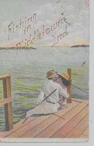 Middletown Indiana Fishing In romantic couple on pier antique pc Z16555