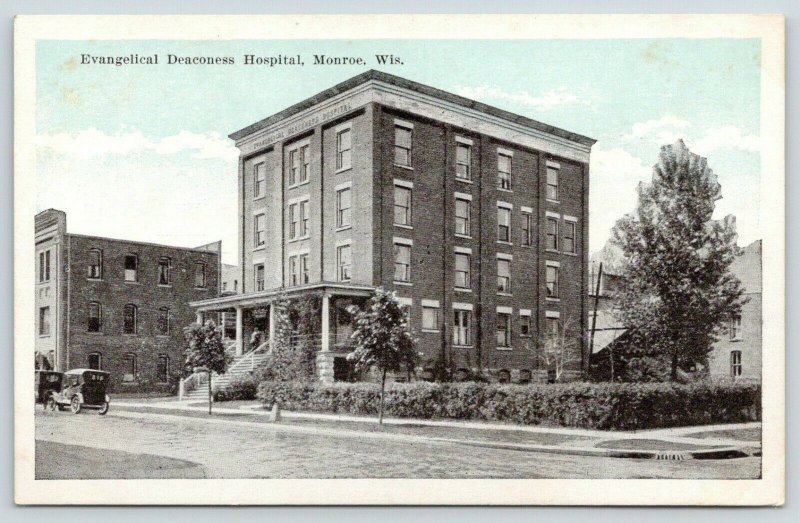 Monroe Wisconsin~Evangelical Deaconess Hospital~Vintage Cars in Front~1920s 