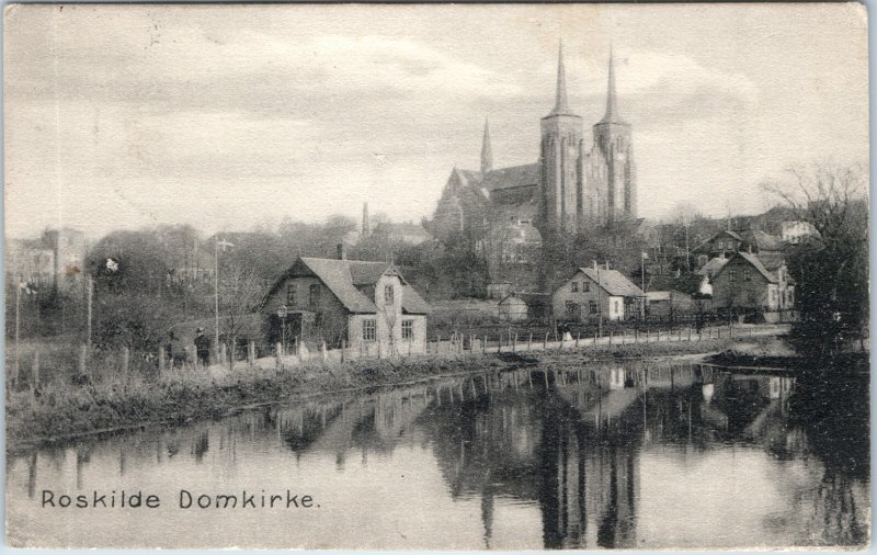 c1907 Roskilde Domkirke Denmark Postcard Cathedral Water Reflection Photo
