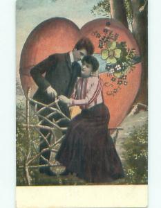 Pre-Linen valentine ROMANTIC COUPLE AT RUSTIC FENCE BESIDE HEART J0254