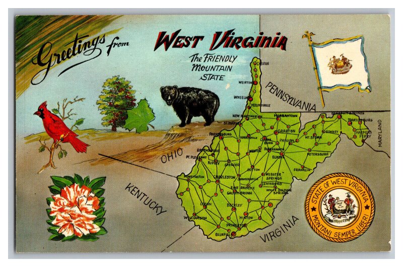 Postcard WV Greetings From West Virginia Vintage Standard View Map Card 