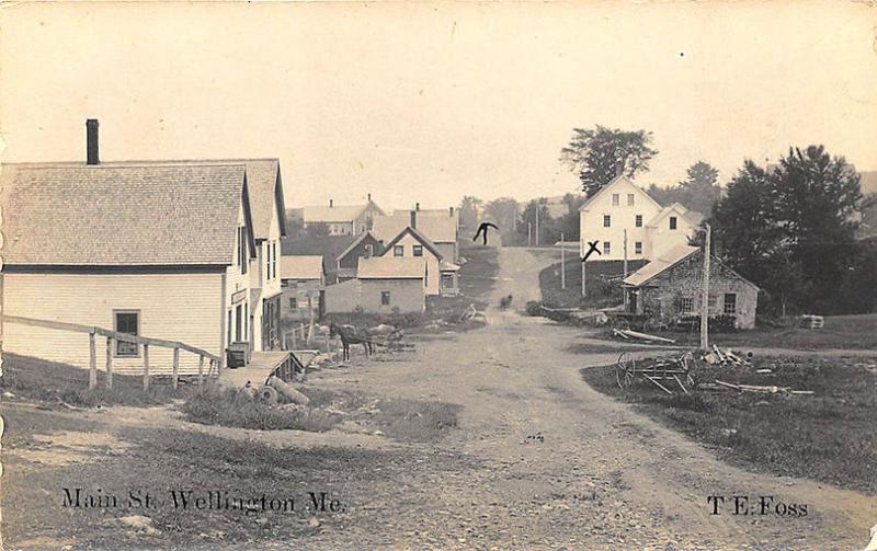 Wellington ME Dirt Main Street View Horse & Wagon Signed T. E. Foss RP Postcard