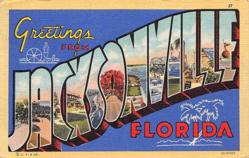 Greetings From Jacksonville Florida Large Letter 1944 linen postcard