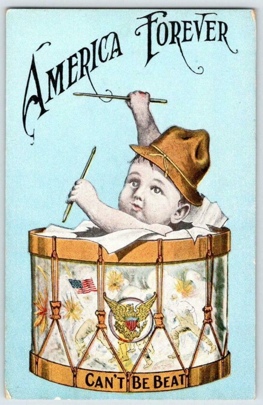 WWI AMERICA FOREVER CAN'T BE BEAT BABY IN DRUM PATRIOTIC POSTCARD DOUGHBOY