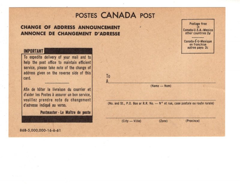 Canada Post, Change of Address Announcement 1961