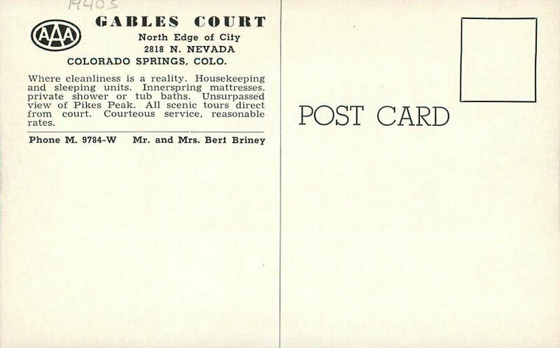 Colorado Springs Colorado Gables Court roadside Postcard US 85-87 20-2570