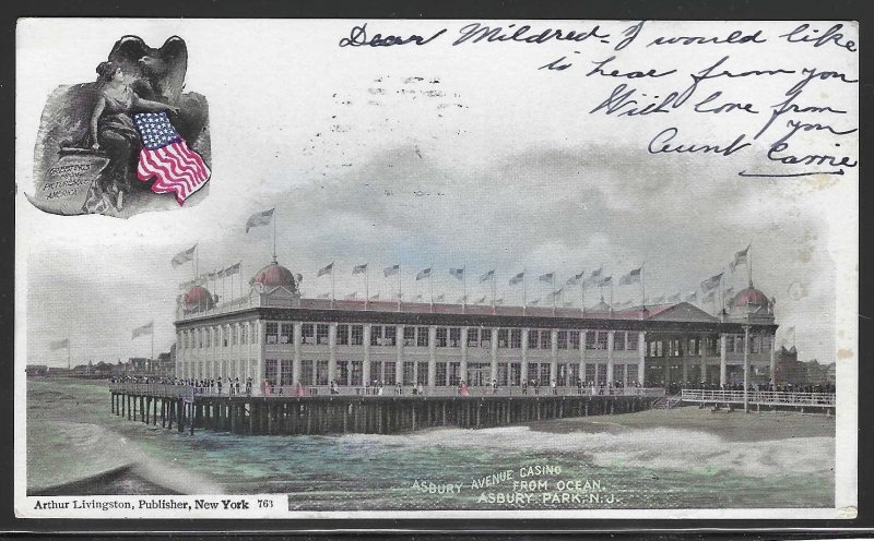 Asbury Ave. Casino, Asbury Park, N.J., Early Hand Colored Postcard, Used in 1906