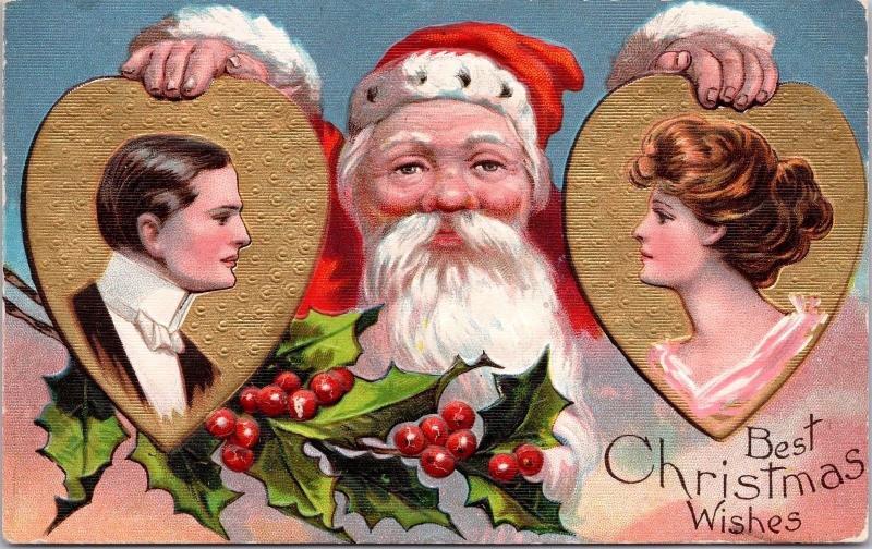 Christmas Wishes Santa Claus Man Woman Couple Xmas Greeting c1908 Postcard E28