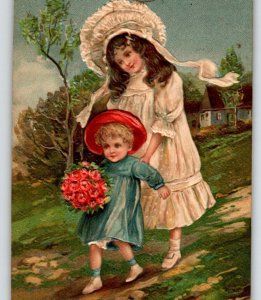 Birthday Greetings Postcard Girls Outside Flowers Cottage EAS Germany Embossed