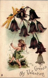 1908 VALENTINE CUPID SWINGING FROM FLOWERS RAPHAEL TUCK EMBOSSED POSTCARD 26-276