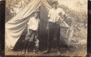 J44/ Interesting RPPC Postcard c1910 Boys Camping Collie Dog Tent 70