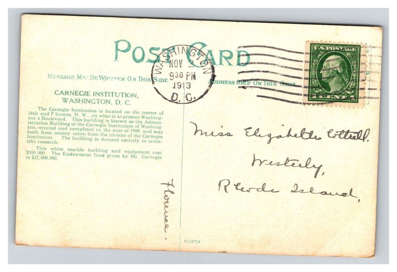 Vintage 1913 Postcard Carnegie Institution, Washington, District of Columbia