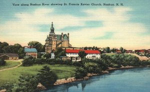Vintage Postcard Nashua River Showing Saint Francis Xavier Church New Hampshire