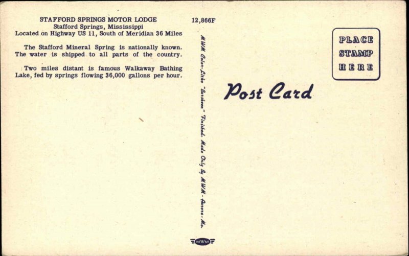 Stafford Springs Mississippi MS Motor Lodge Linen Vintage Postcard