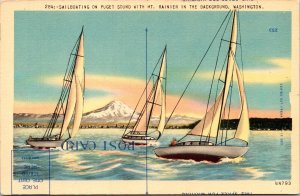 Puget Sound Mount Rainer Washington Sailboating Scenic Linen Posctard 