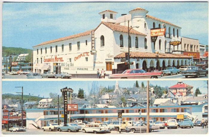 Sonora CA Sonora Inn Motel Restaurant Old Cars Trucks Car Dodge Dealer Postcard