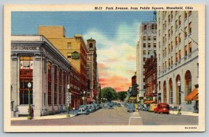 Mansfield Ohio~Park Avenue @ Public Square~Savings & Loan~Drug Store~1938 Linen