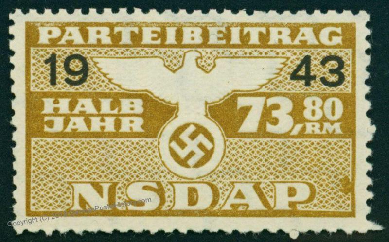 Germany NSDAP Party 73.80 Reichsmark Dues Stamp 76258