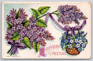 Flowers~Purple Lilacs~Basket Of Forget-Me-Nots~Ribbon~Emb~c1910 Vintage Postcard