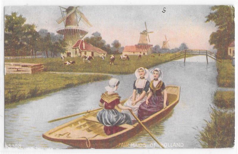 Fair Maids of Holland Windmills Cows Rowboat River Vintage Postcard