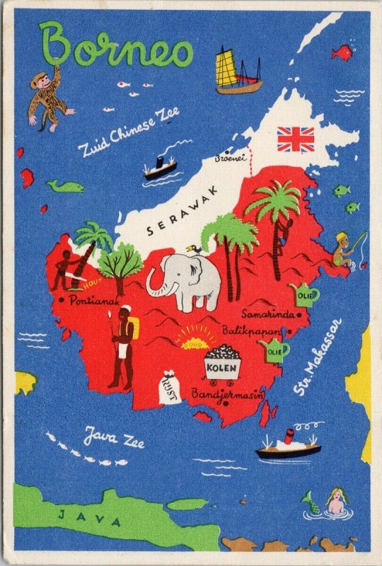 Borneo Indonesia Map Serawak Java Steamer 'Makassar' Emdeeha 1940s Postcard C2