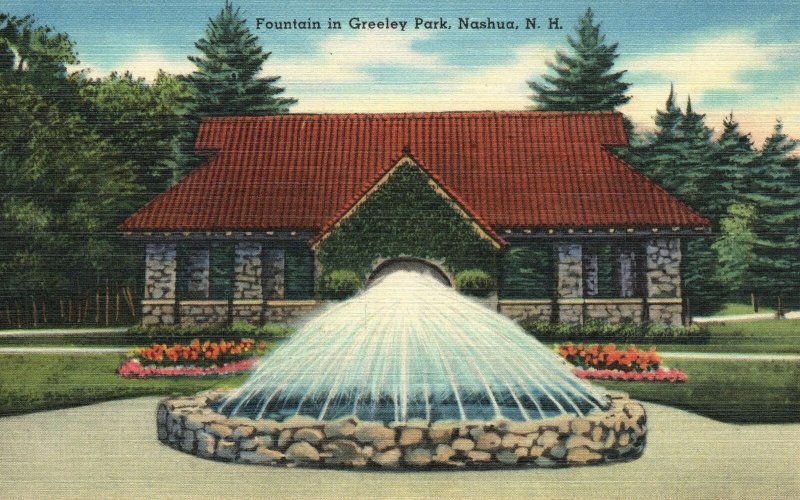 Vintage Postcard Fountain Greeley Park Tourist Attraction Nashua New Hampshire