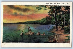 Laurel Maryland MD Postcard Greetings Bathing On A Lake Scenic View 1938 Vintage