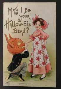 1911 Mr. Jack-O'-Lantern Courting Halloween Postcard Rochester, NY to Rusk, NY