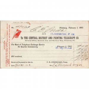 1902 Billhead - Telephone Bill - CENTRAL DISTRICT AND PRINTING TELEGRAPH CO