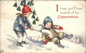 Christmas Children Playing in Snow Snowballs Shovel Stecher c1900s-20s Postcard