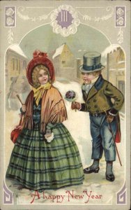 New Year Victorian Boy Brings Flowers to Little Girl c1910 Vintage Postcard