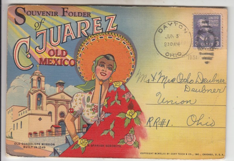 P1912 1951 postcard souvenir folder c. juarez mexico 9 foldouts 18 views