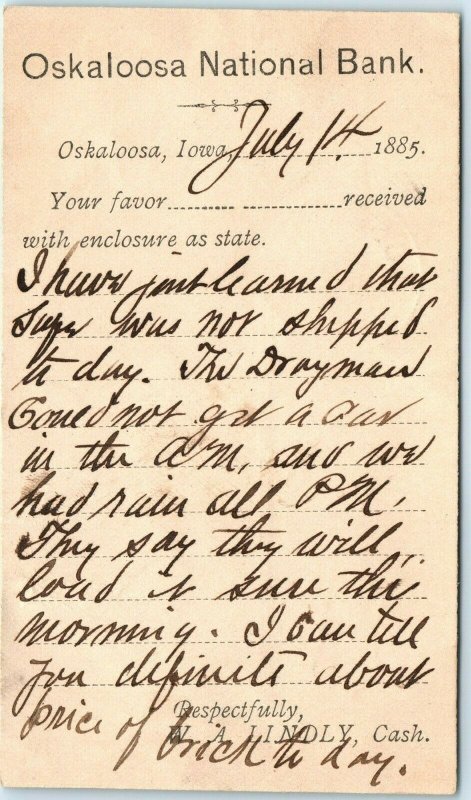 1885 Oskaloosa, IA National Bank Receipt Postcard Invoice Postal Vtg Ottumwa A51