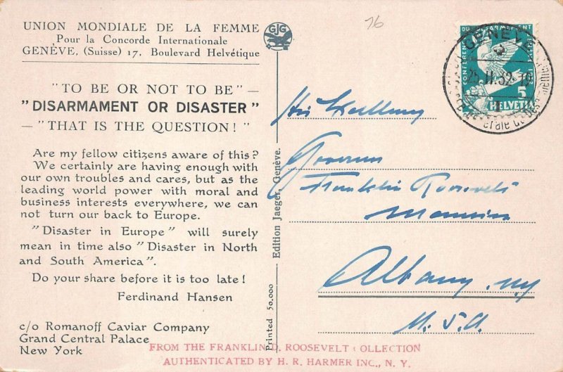 GENEVA SWITZERLAND TO FRANKLIN ROOSEVELT DISARMAMENT CONFERENCE POSTCARD 1932