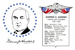 Warren G Harding 29th President Ohio Postcard