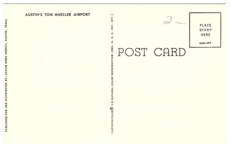 Austin's Tom Mueller Airport Airplane & Control Tower Postcard