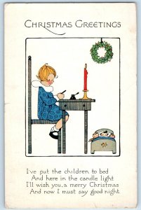 1918 Christmas Greetings Children Writing Candle Light Parkesburg PA Postcard