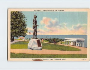 Postcard Massasoit Statue, Coles Hill, Plymouth, Massachusetts