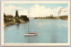 Postcard Southampton Ontario c1954 Mouth of Saugeen River Sail Boat Bruce County