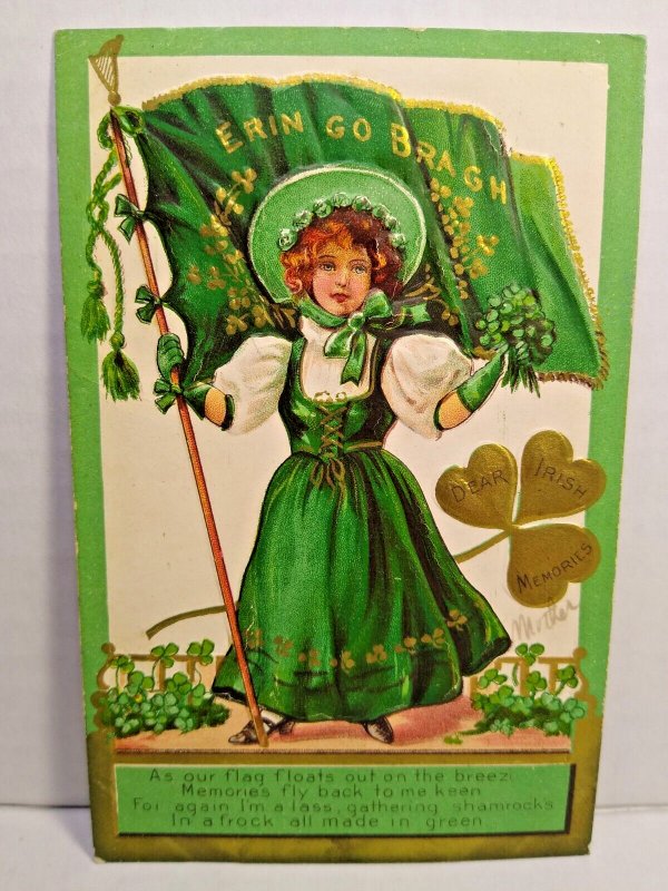 St Patrick's Day Postcard Erin Go Bragh Women Flag Shamrocks Clovers Series 2