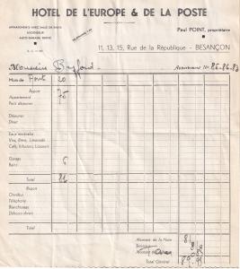 Hotel De L'Europe Besancon 1939 WW2 Receipt