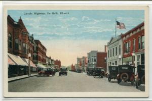 Lincoln Highway Street Scene Cars De Kalb Illinois 1920c postcard