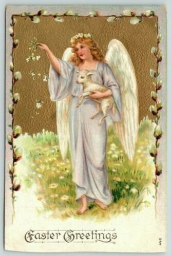 Easter~Angel Lady Drops Flower Petals~Holds Little Lamb~Pussy Willow Border~1909 