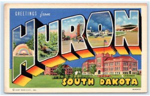 Large Letter Linen~ GREETINGS From HURON, South Dakota c1940s Curteich Postcard