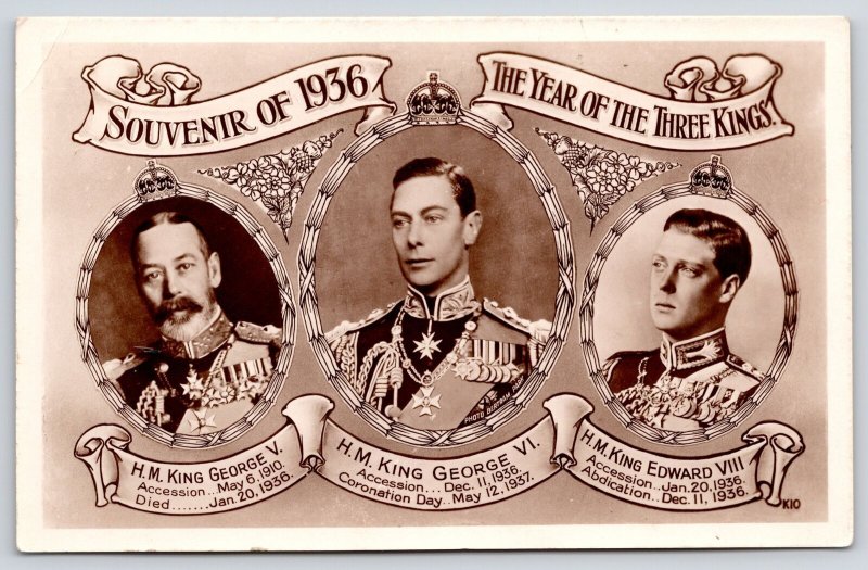 Royalty~Year of Three Kings: George V~Geo VI~Edward VIII~1936 Art Nouveau RPPC 