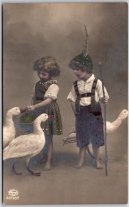 1916 Children Kids Feeding Ducks Photograph Posted Postcard