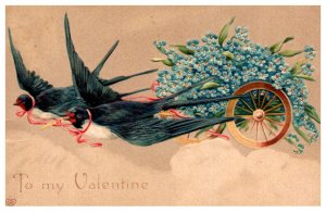 Valentine Blue Birds flying wagon of Flowers