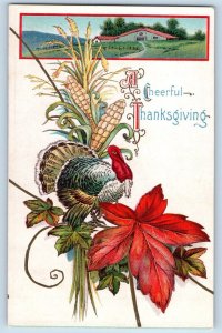 Thanksgiving Postcard Turkey And Corn Wheat House Scene Field Embossed c1910's