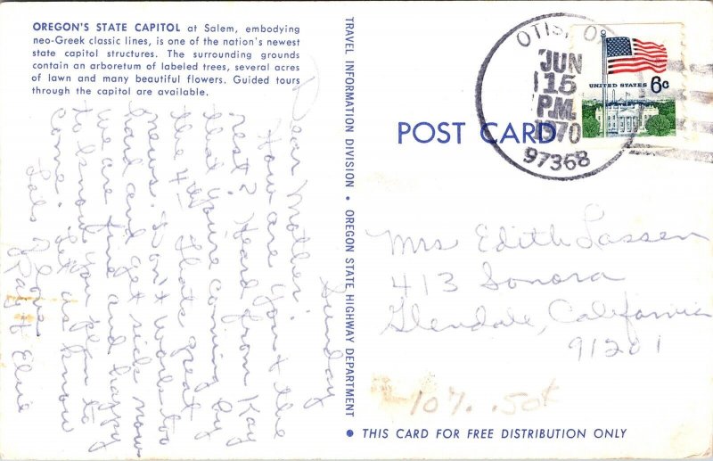 Oregon State Capitol Salem OR Postcard PM Otis OR Cancel WOB Note VTG Vintage 