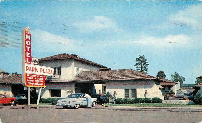 Automobiles Flagstaff Arizona Park Plaza Motel roadside Postcard Stryker 7094